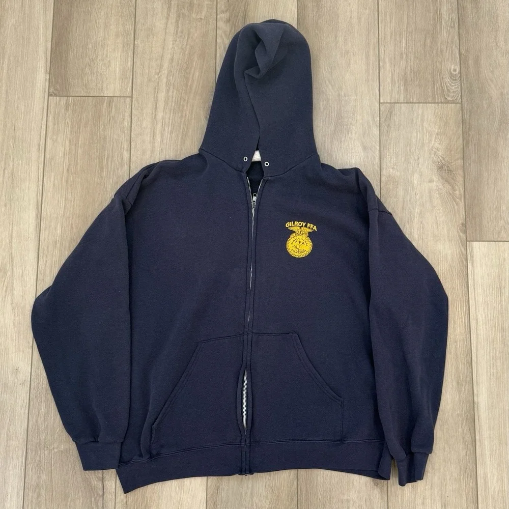 Vintage Lee Heavyweight Faded Navy Blue Gilroy Full Zip Hoodie Mens XXL USA Made